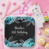 Elegant Teal Blue and Silver Flower Birthday Party ペーパープレート (パーティー)