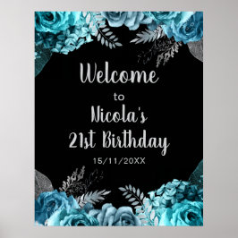 Elegant Teal Blue and Silver Flower Birthday Party ポスター