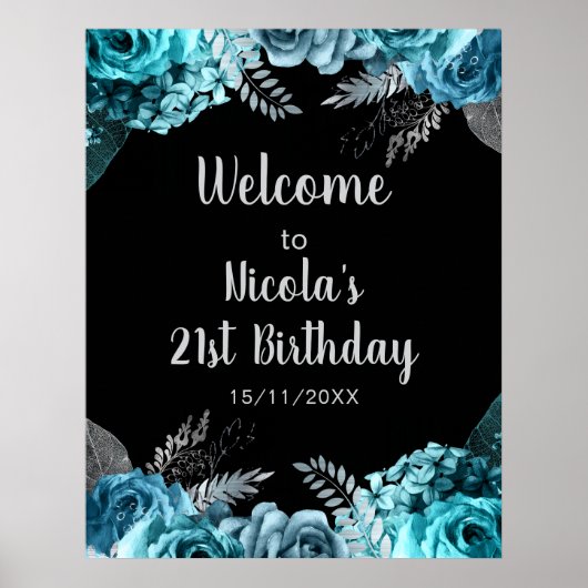 Elegant Teal Blue and Silver Flower Birthday Party ポスター (正面)