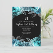 Elegant Teal Blue and Silver Flower Birthday Party 招待状 (スタンド正面)