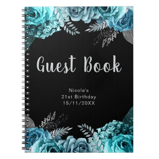 Elegant Teal Blue and Silver Flower Guest Book ノートブック (正面)