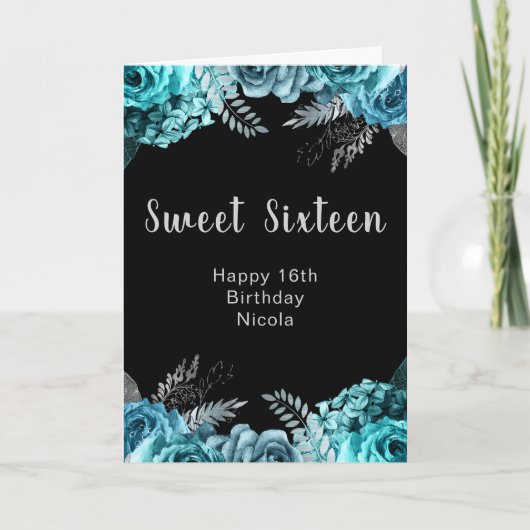Elegant Teal Blue and Silver Flowers Sweet Sixteen カード (正面)