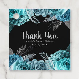 Elegant Teal Blue and Silver Flowers Sweet Sixteen フェイバータグ