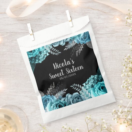 Elegant Teal Blue and Silver Flowers Sweet Sixteen フェイバーバッグ (クリップ留めされた状態)