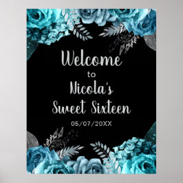 Elegant Teal Blue and Silver Flowers Sweet Sixteen ポスター