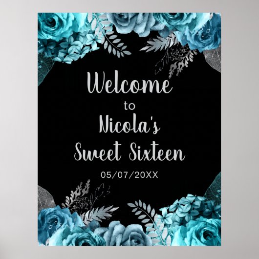 Elegant Teal Blue and Silver Flowers Sweet Sixteen ポスター (正面)