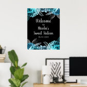 Elegant Teal Blue and Silver Flowers Sweet Sixteen ポスター (ホームオフィス)