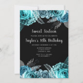 Elegant Teal Blue and Silver Flowers Sweet Sixteen 招待状 (正面)
