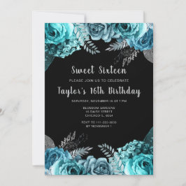 Elegant Teal Blue and Silver Flowers Sweet Sixteen 招待状