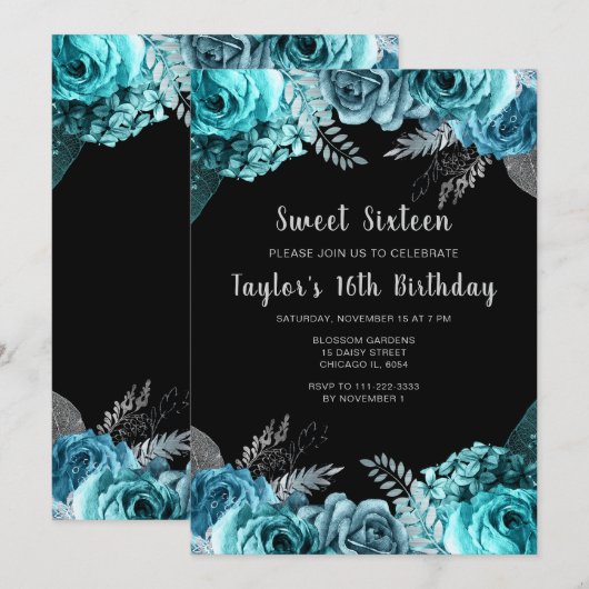 Elegant Teal Blue and Silver Flowers Sweet Sixteen 招待状 (正面/裏面)