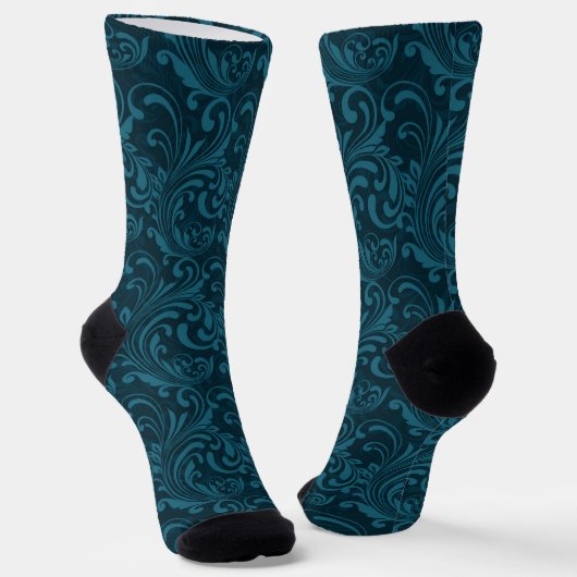 Elegant Teal Blue Baroque Floral Pattern  ソックス (傾斜あり)