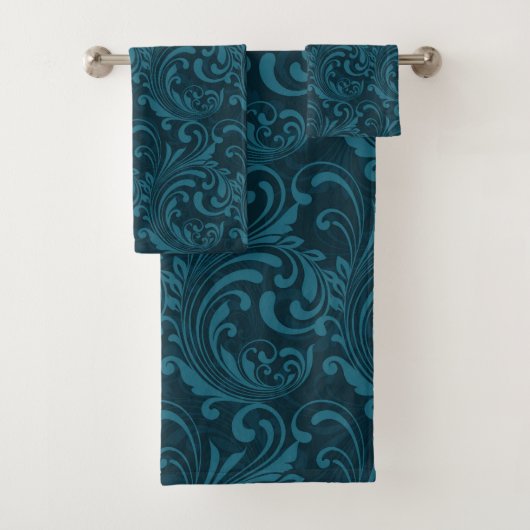 Elegant Teal Blue Baroque Floral Pattern  バスタオルセット (インサイチュ)