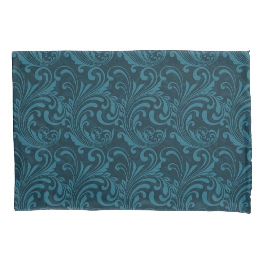 Elegant Teal Blue Baroque Floral Pattern  枕カバー (正面)