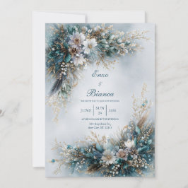 Elegant Teal Blue Floral Gold Feather Wedding 招待状