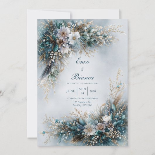 Elegant Teal Blue Floral Gold Feather Wedding 招待状 (正面)