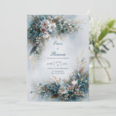 Elegant Teal Blue Floral Gold Feather Wedding 招待状 (スタンド正面)