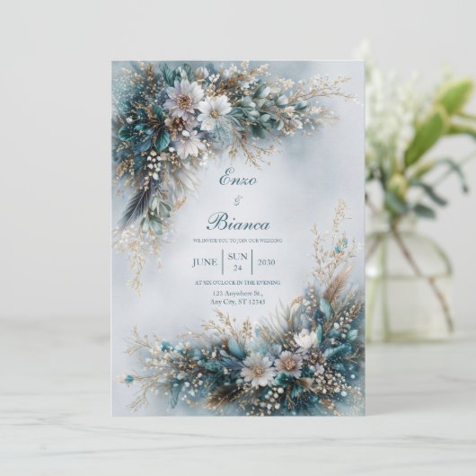Elegant Teal Blue Floral Gold Feather Wedding 招待状 (スタンド正面)