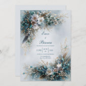 Elegant Teal Blue Floral Gold Feather Wedding 招待状 (正面/裏面)