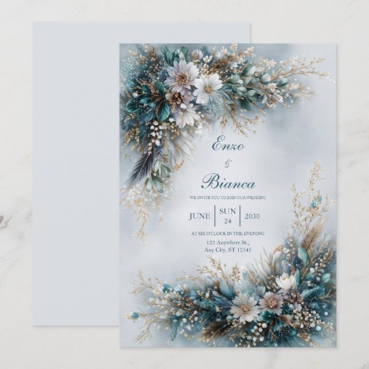 Elegant Teal Blue Floral Gold Feather Wedding 招待状 (正面/裏面)