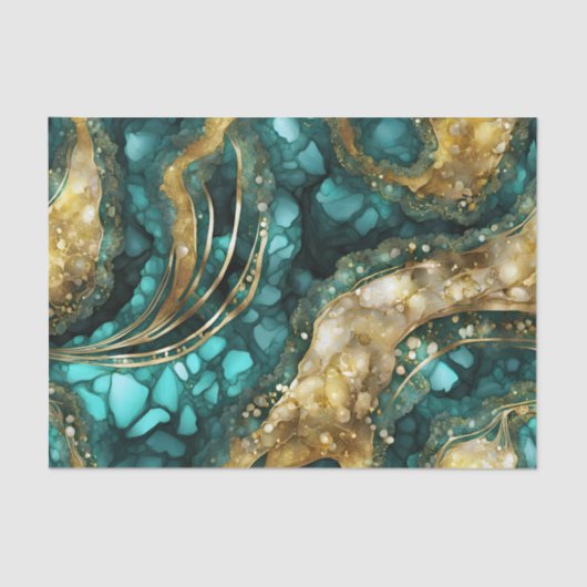 Elegant Teal Blue Gold Agate Geode Marble Abstract 薄葉紙 (正面)