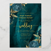 Elegant Teal Blue Gold Floral Wedding 箔招待状 (正面)