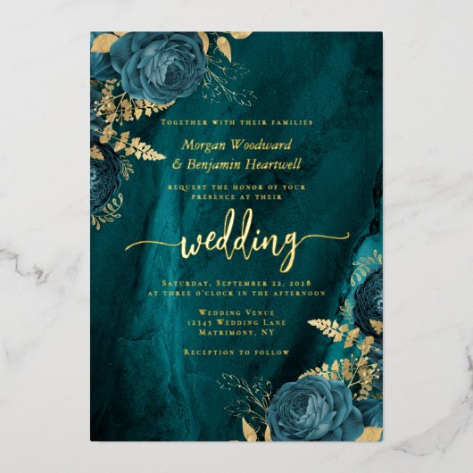 Elegant Teal Blue Gold Floral Wedding 箔招待状 (正面)