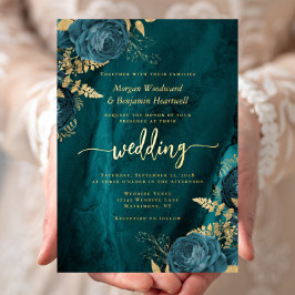 Elegant Teal Blue Gold Floral Wedding 箔招待状