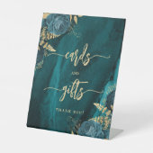 Elegant Teal Blue Gold Floral Wedding Cards Gifts 台座サイン (正面)