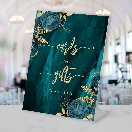 Elegant Teal Blue Gold Floral Wedding Cards Gifts 台座サイン