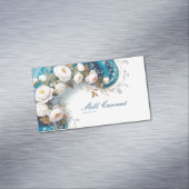Elegant Teal Blue Gold Silver Floral Peony マグネット名刺 (インサイチュ)