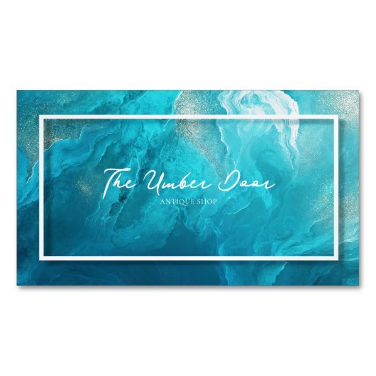 Elegant Teal Blue Ocean Wave Fluid Art Gold マグネット名刺 (正面)
