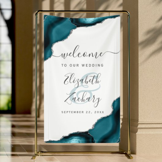 Elegant Teal Blue Silver Agate Wedding Welcome 横断幕