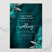 Elegant Teal Blue Silver Floral Wedding 箔招待状 (正面)