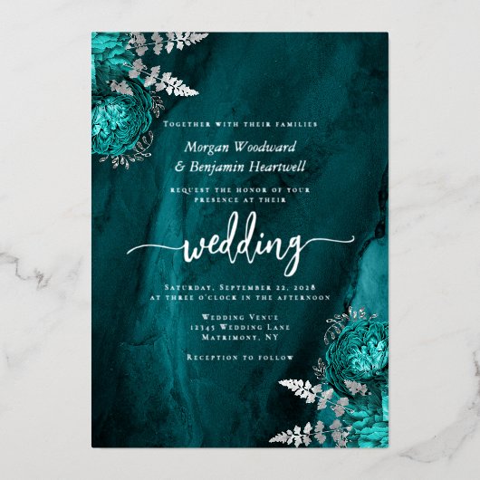 Elegant Teal Blue Silver Floral Wedding 箔招待状 (正面)