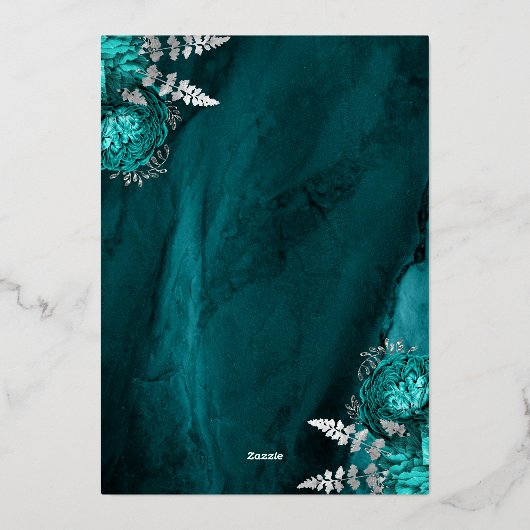 Elegant Teal Blue Silver Floral Wedding 箔招待状 (裏面)