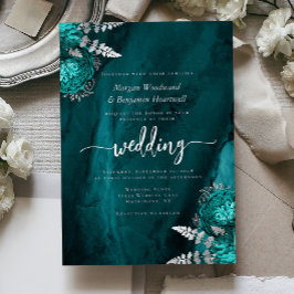 Elegant Teal Blue Silver Floral Wedding 箔招待状