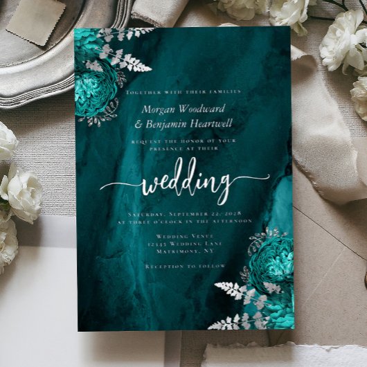 Elegant Teal Blue Silver Floral Wedding 箔招待状