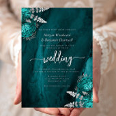 Elegant Teal Blue Silver Floral Wedding 箔招待状