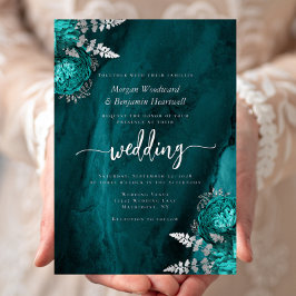 Elegant Teal Blue Silver Floral Wedding 箔招待状