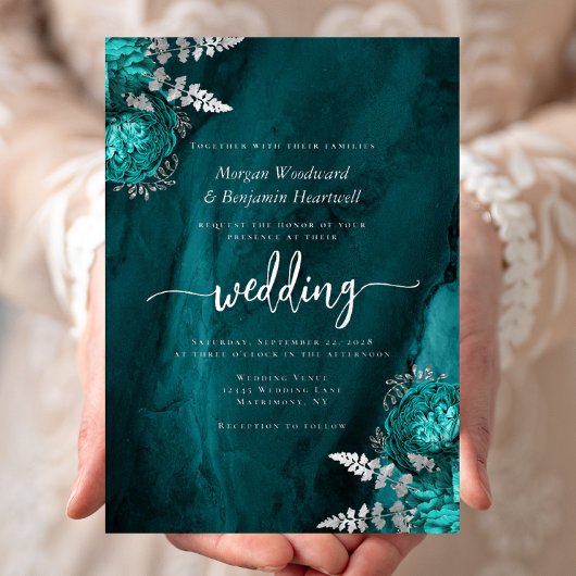 Elegant Teal Blue Silver Floral Wedding 箔招待状