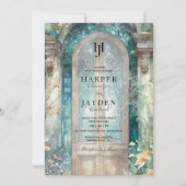 Elegant Teal Blue Watercolor Wedding Monogram 招待状 (正面)