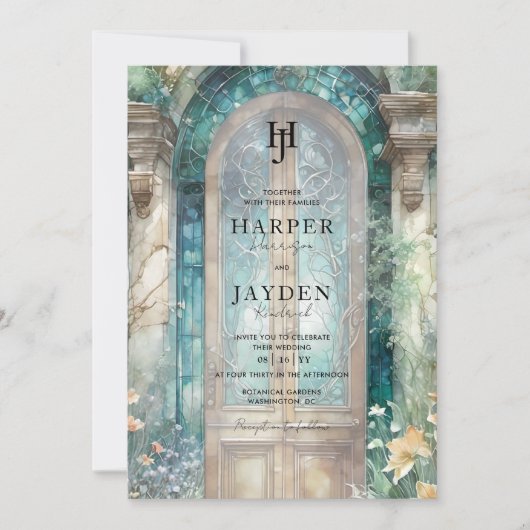 Elegant Teal Blue Watercolor Wedding Monogram 招待状 (正面)