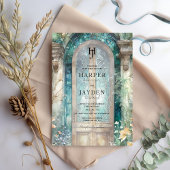 Elegant Teal Blue Watercolor Wedding Monogram 招待状