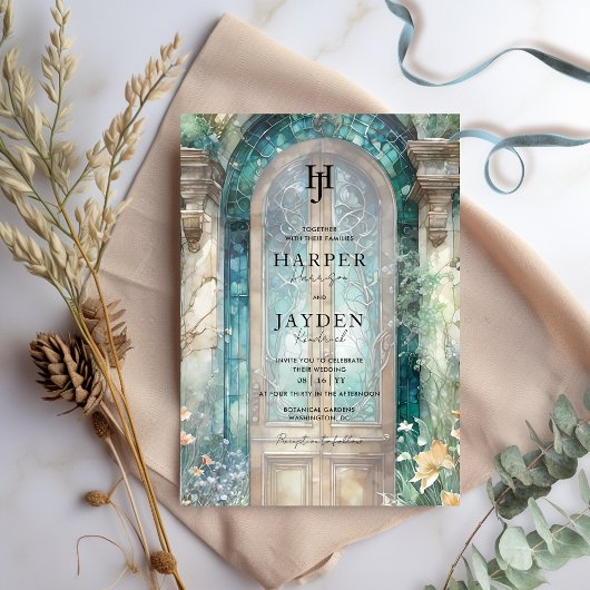 Elegant Teal Blue Watercolor Wedding Monogram 招待状