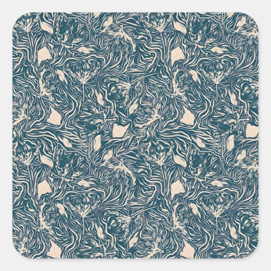 Elegant Teal Botanical Swirl Seamless Pattern スクエアシール (正面)