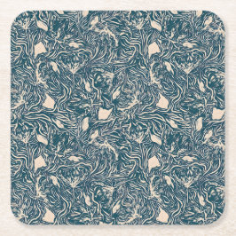 Elegant Teal Botanical Swirl Seamless Pattern スクエアペーパーコースター