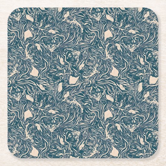 Elegant Teal Botanical Swirl Seamless Pattern スクエアペーパーコースター (正面)