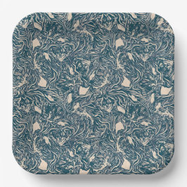 Elegant Teal Botanical Swirl Seamless Pattern ペーパープレート