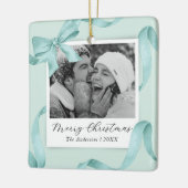 Elegant Teal Bow Photo Holiday セラミックオーナメント (左)