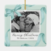 Elegant Teal Bow Photo Holiday セラミックオーナメント (裏面)